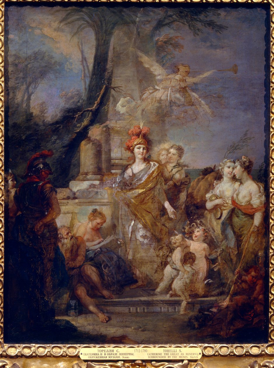 Empress Catherine II (1729-1796) as Minerva in the Circle of the Muses - Painting by Stefano Torelli (Oil on Canvas) by Stefano Torelli
