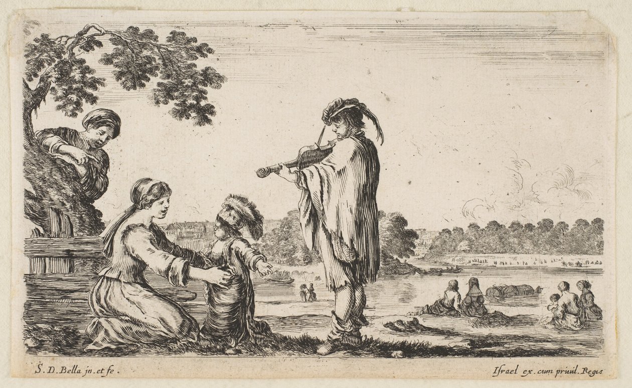 A Man Playing the Violin in Center, Turned Towards the Left in Profile, a Seated Woman to... by Stefano della Bella
