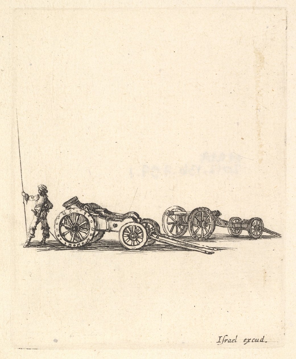 A mortar and a cannon, both mounted on carriages, a soldier shown from the back, ca. 1638-43 by Stefano della Bella