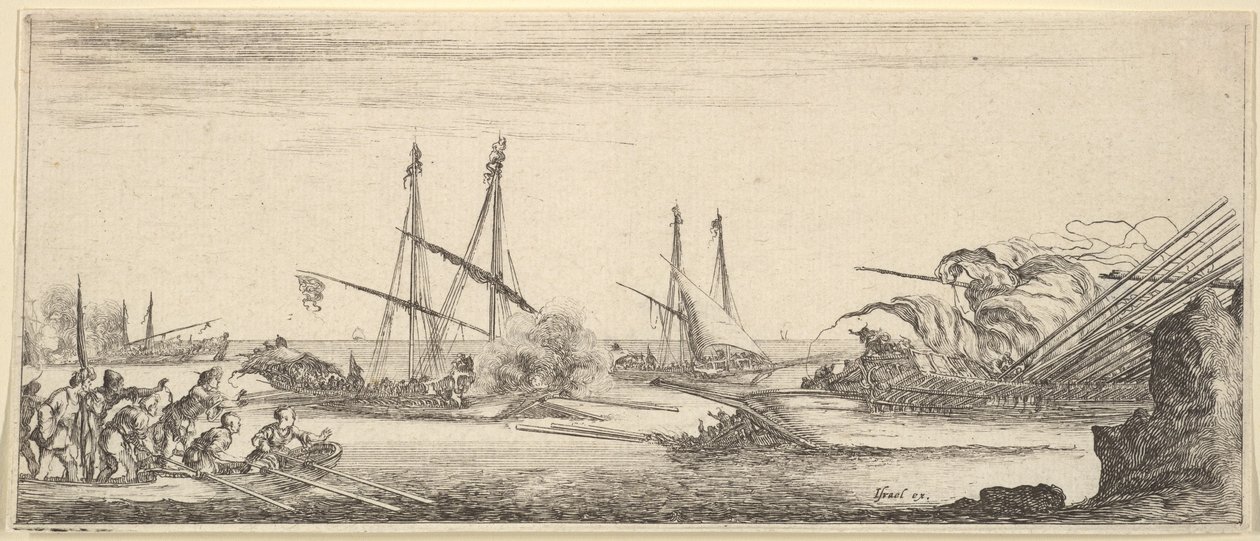 A Naval Battle, a Rowboat Full of Men to Left, a Sinking Ship to Right, Two Galleys Battling, ca. 1641 by Stefano della Bella