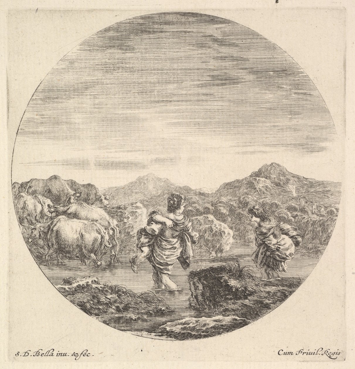 A Woman Carrying a Child in Center, Seen from Behind, Another Woman to Right by Stefano della Bella