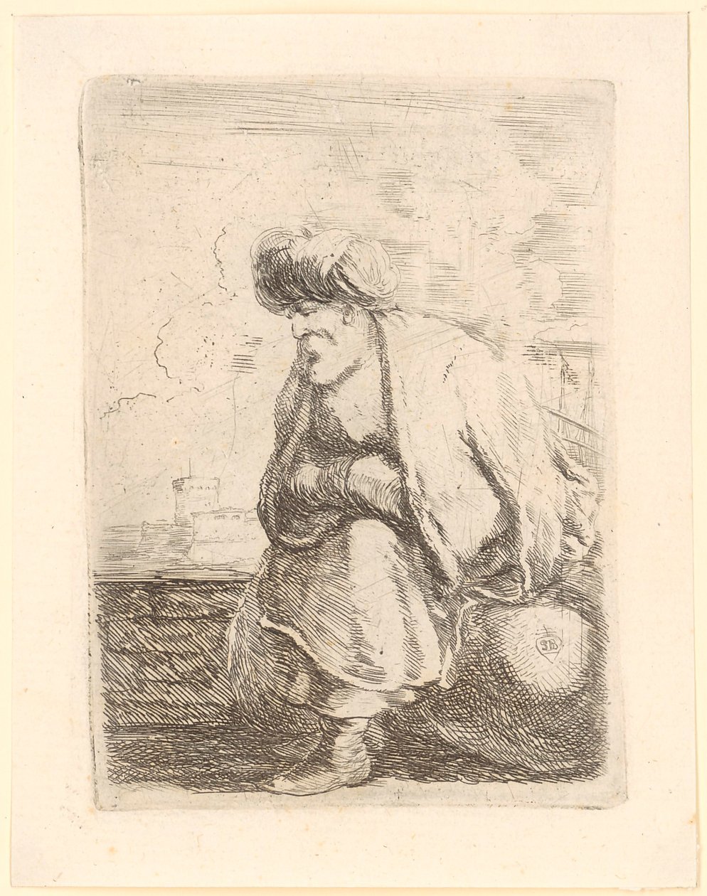 Old Turk with Coat and Turban Sitting on a Stone by Stefano della Bella
