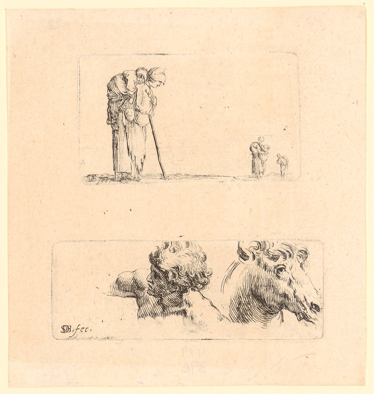 Poor Woman with Child on Her Back, Two More Women with Child in the Back [above]; Head Studies of a Man and a Horse [below] by Stefano della Bella