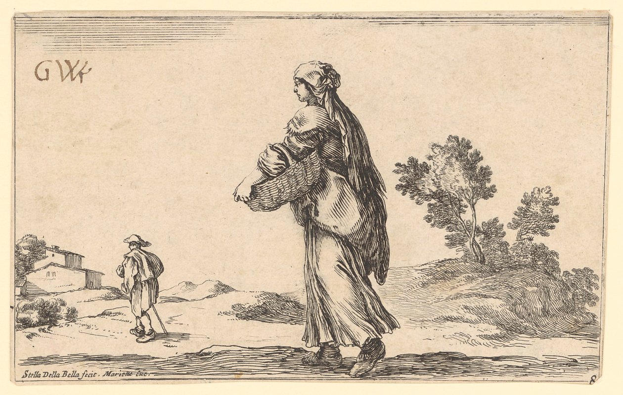 Peasant Woman with Basket in Side Back View to the Left, a Traveler in Front of Her to the Left by Stefano della Bella