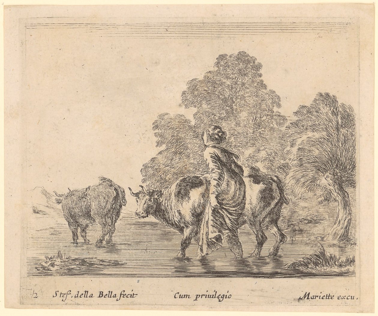 Peasant Woman Crossing a River with Two Cows by Stefano della Bella