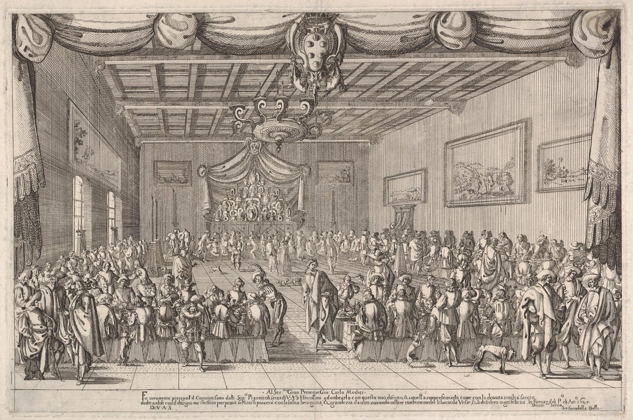 Banquet of the Piacevoli, Medici Coat of Arms at Top Center by Stefano della Bella