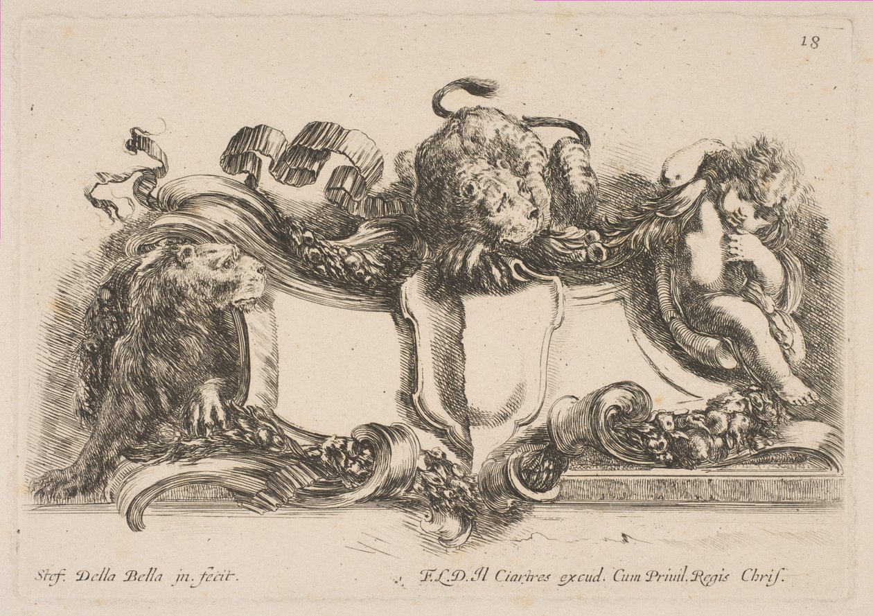 Cartouche Containing an Empty Shield Surmounted by a Lion and Framed by a Lion and a Child, 1646 by Stefano della Bella