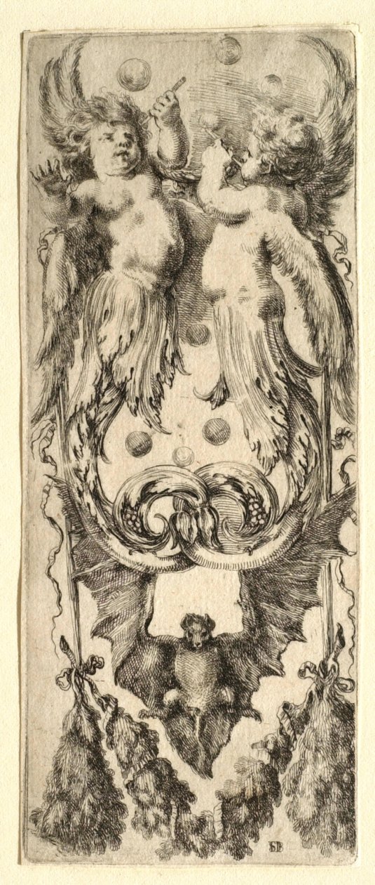Cherubs Blowing Bubbles, Bat, and Garland by Stefano della Bella