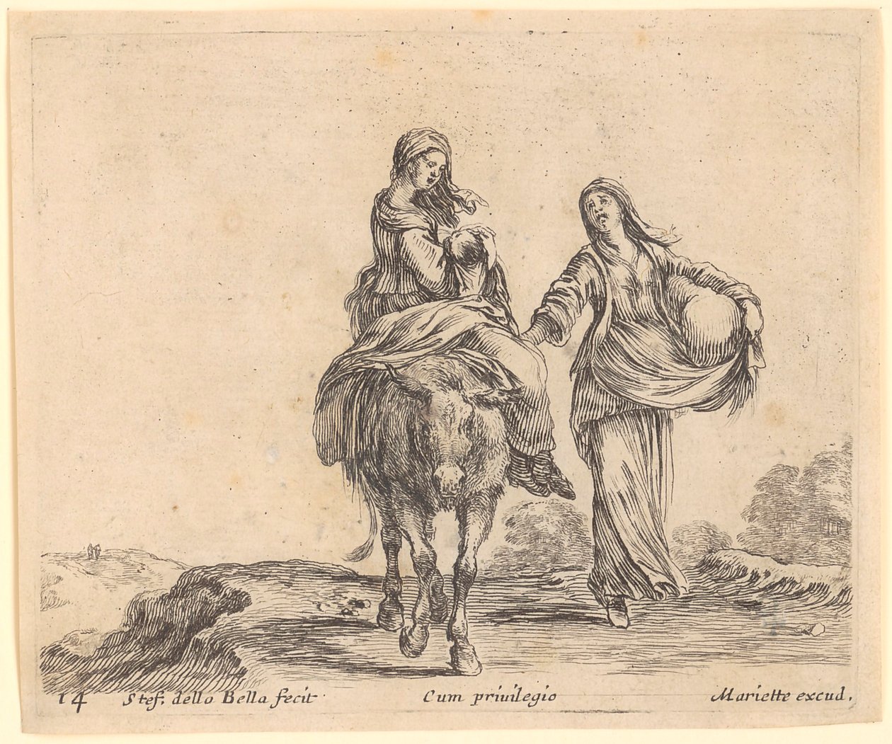 Woman with Child on a Donkey, Accompanied by a Second Woman by Stefano della Bella