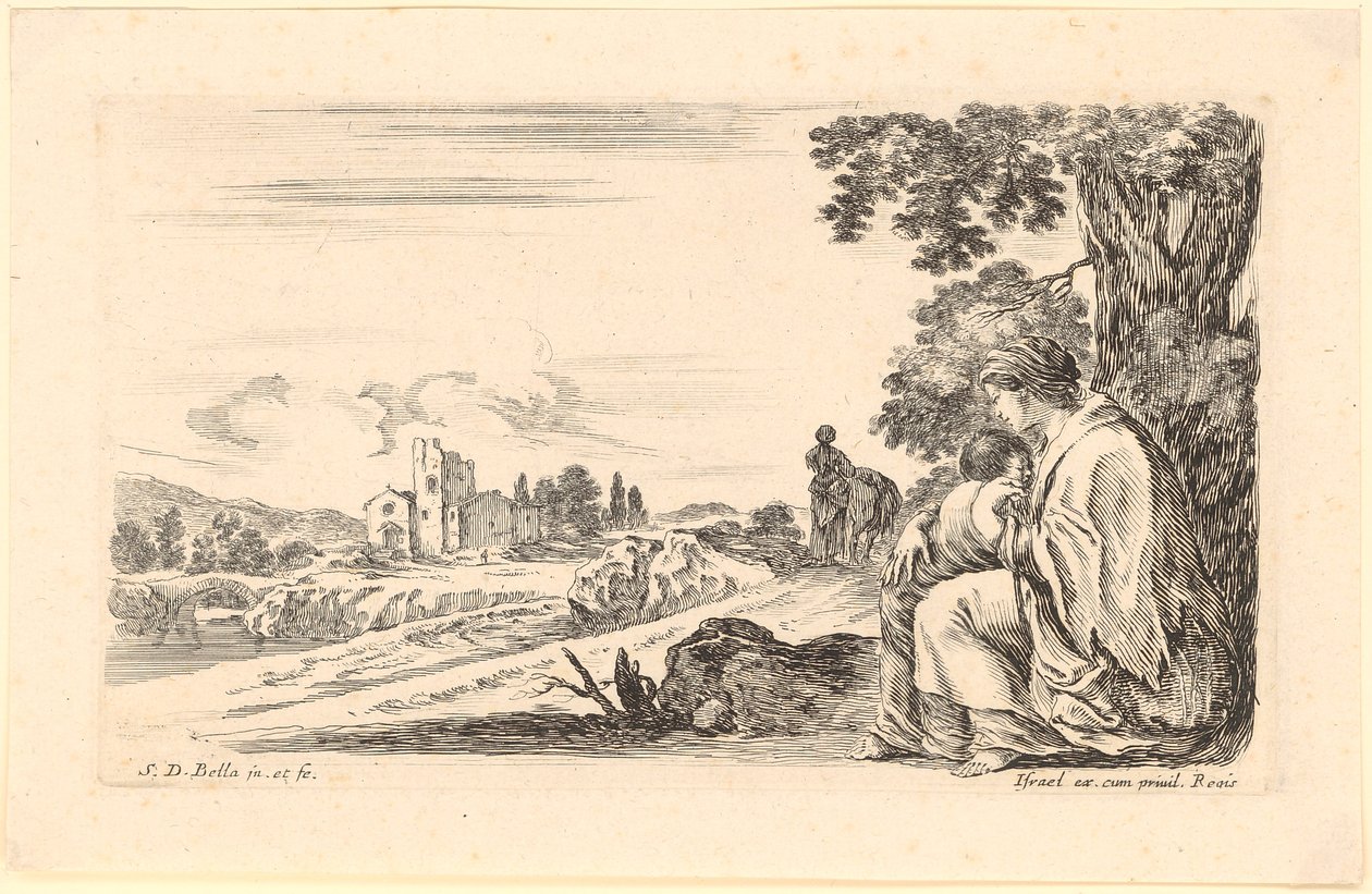 Woman with Child Sitting in the Shade of a Tree by the Roadside by Stefano della Bella