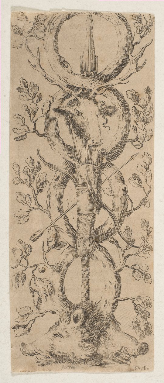Heads of a Stag and Two Boars in Rinceaux of Oak Branches by Stefano della Bella