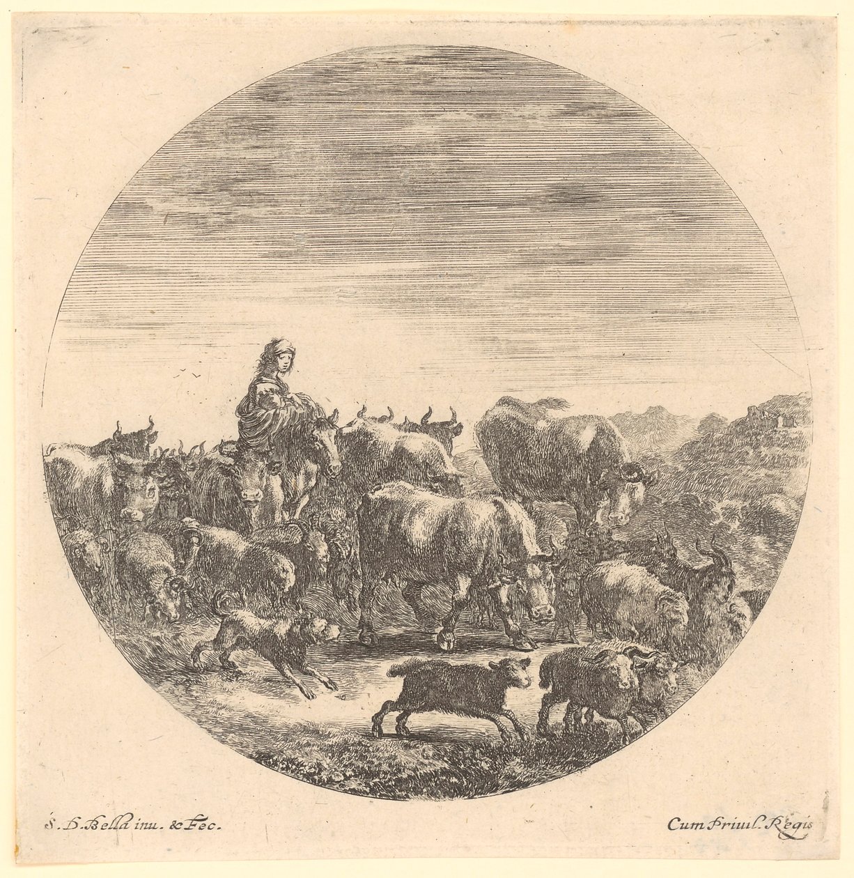 Shepherdess on Horseback with Cattle and Sheep Herd, Plate 5 of the Series "Six Animal Motifs in Round Representation" by Stefano della Bella