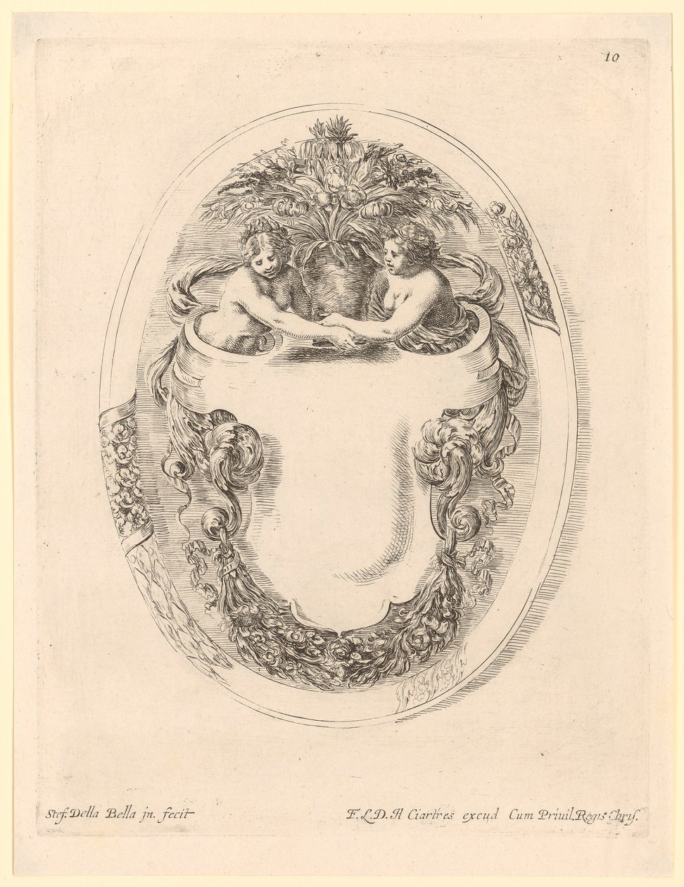 Cartouche with Two Women and a Flower Vase by Stefano della Bella