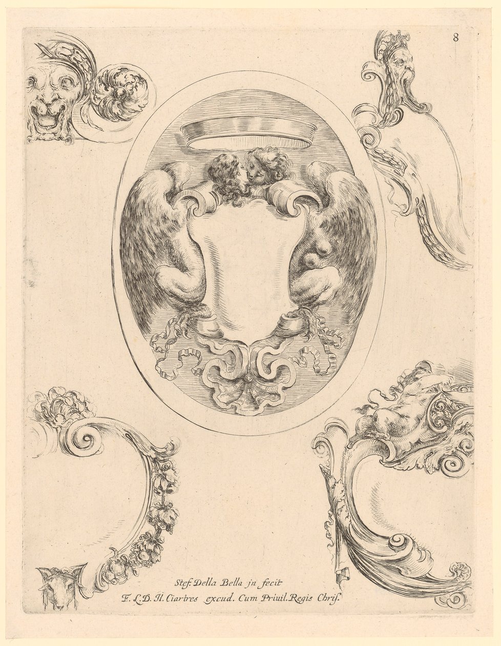Cartouche with Two Kissing Harpies in an Oval by Stefano della Bella