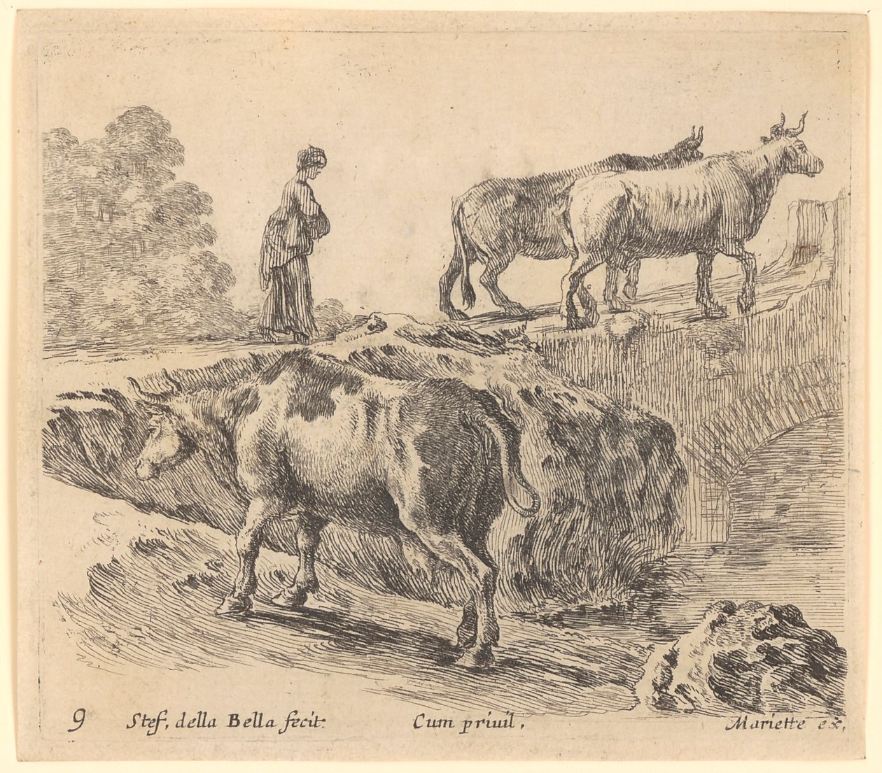 Cow Going Up a Hill, in the Background a Peasant Woman with Two Cows Steps onto a Bridge by Stefano della Bella