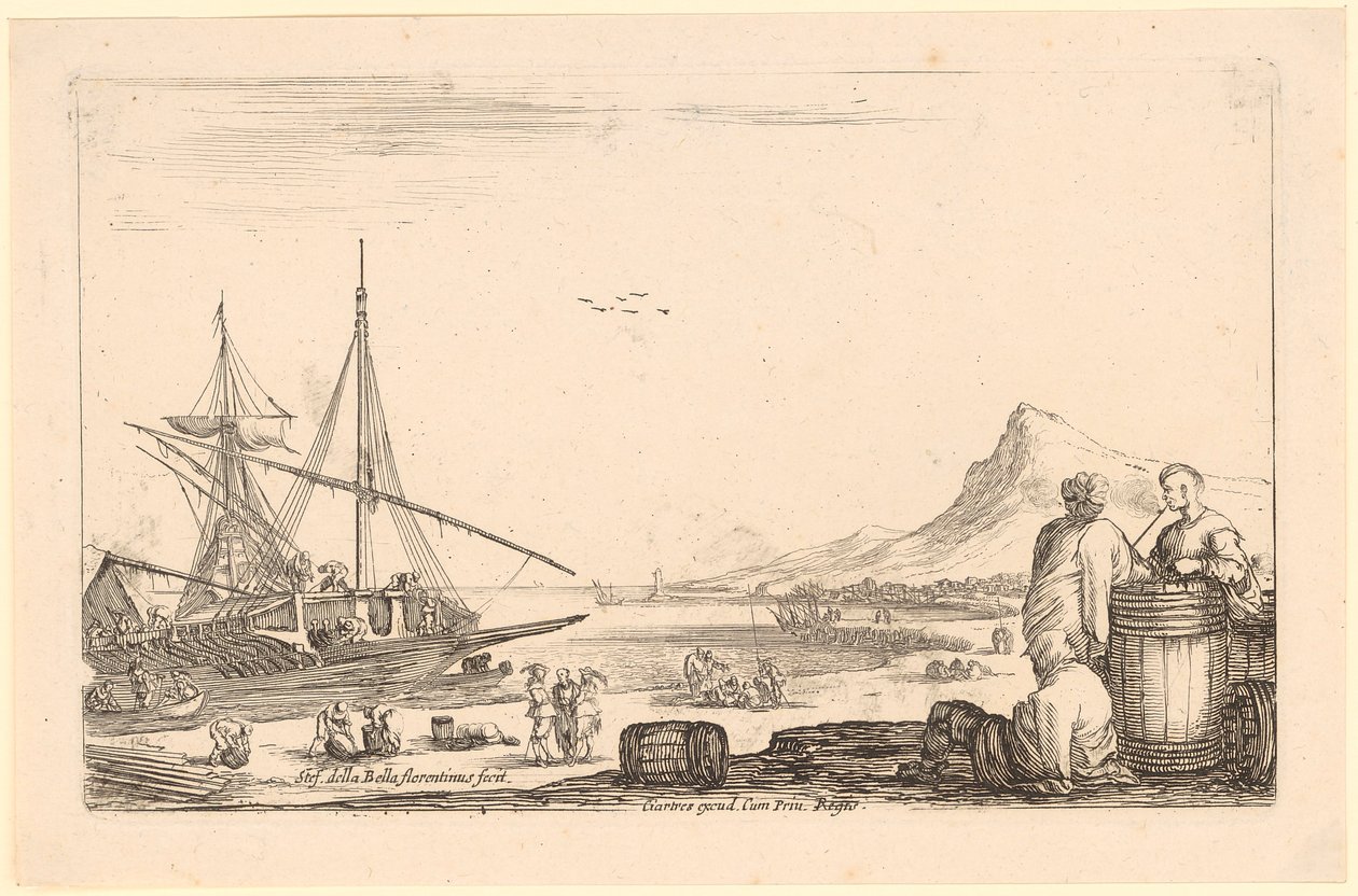 On the Left a Galley, on the Right Three Galley Slaves by a Barrel, Plate 7 of the Series "Various Figures" by Stefano della Bella