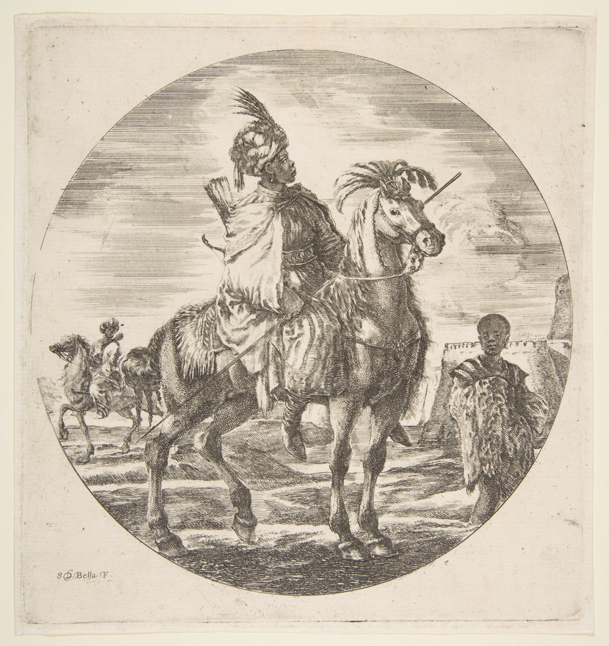 Moorish horseman in profile facing right, a black slave holding a fur at right, another by Stefano della Bella