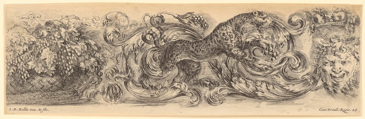 Ornamental Frieze with a Leaping Leopard in the Center, a Fruit Basket on the Left, a Grotesque Mask on the Right by Stefano della Bella
