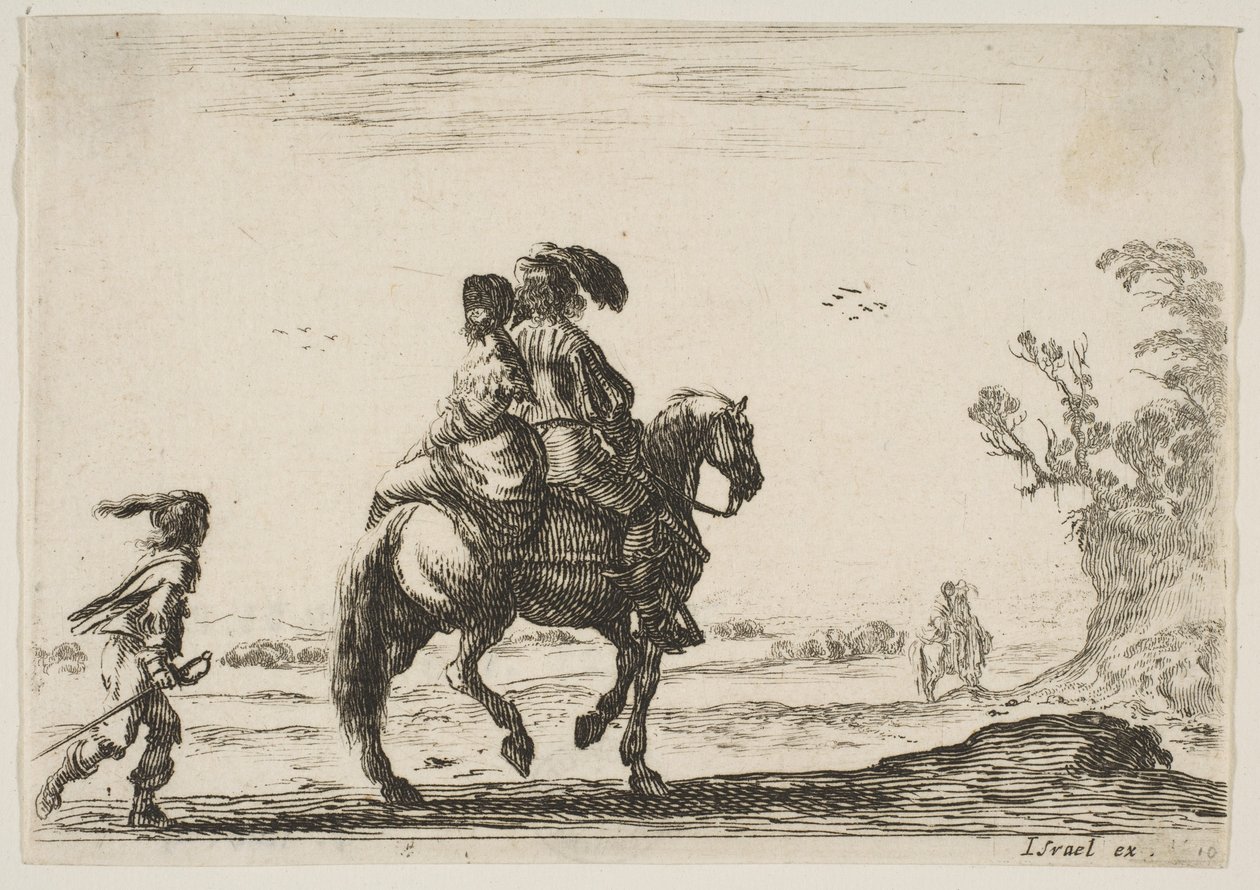 A Horseman and a Woman, Seen from Behind, Riding Towards the Right with a Young... (detail) by Stefano della Bella