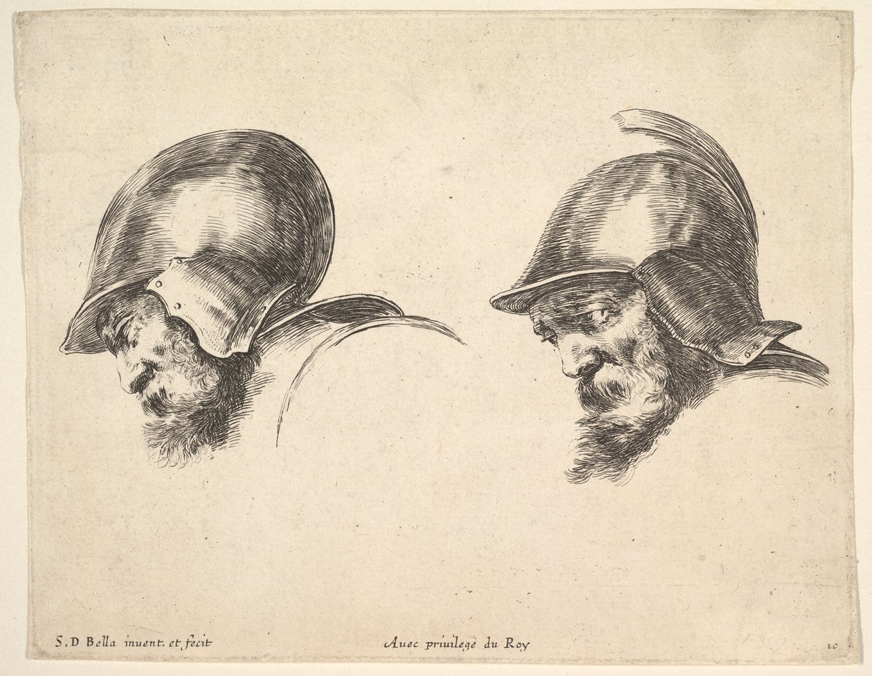 Plate 10: Two Heads of Old Soldiers Wearing Helmets, Both Facing Left and Looking Down by Stefano della Bella
