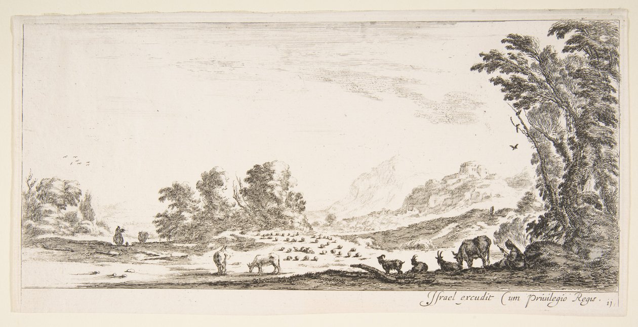 Plate 11: Shepherdess Seated to the Right Under a Tree, Watching Her Flock to the Left, ca. 1641 by Stefano della Bella