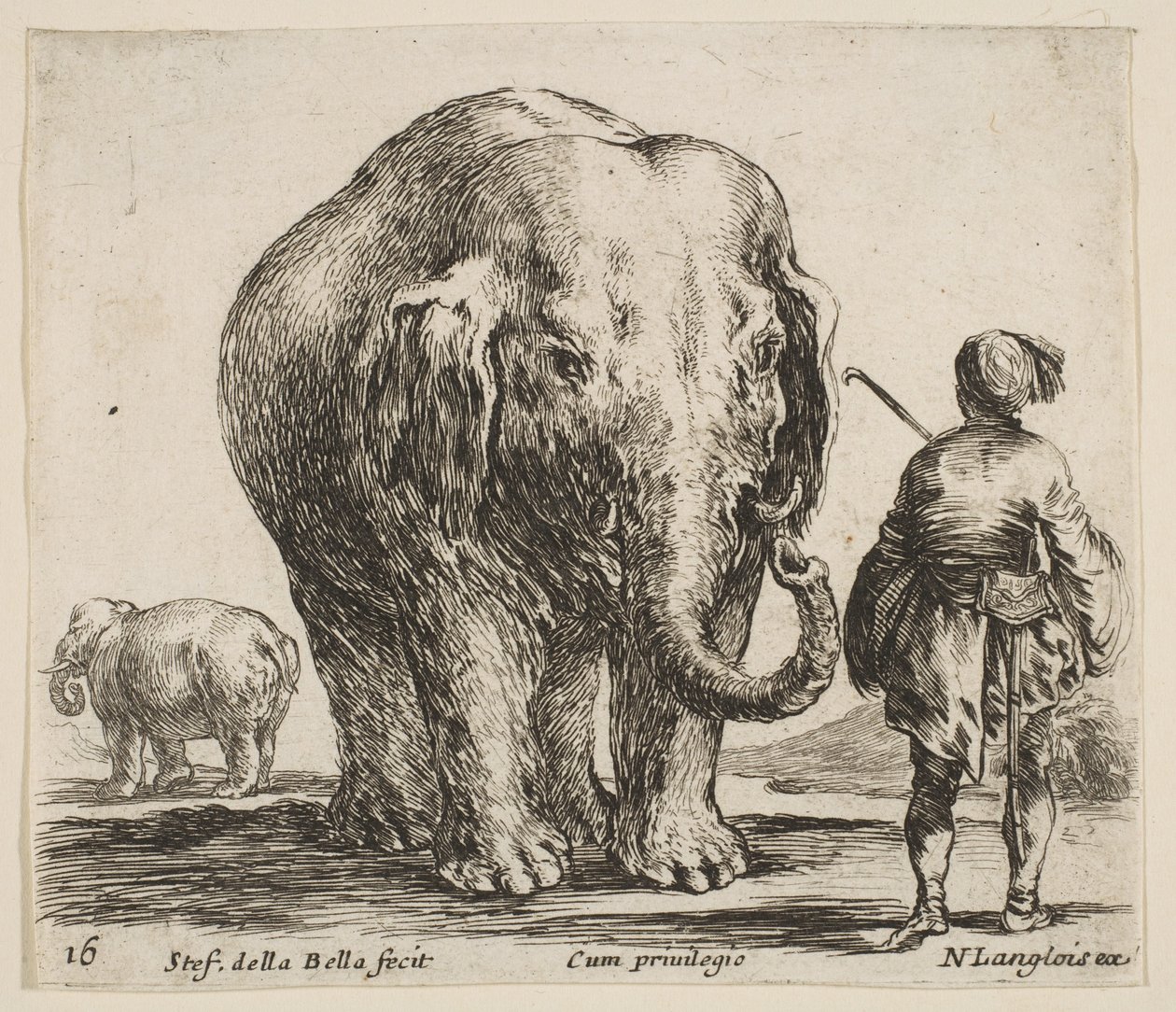 Plate 16: an elephant in center, his mahout standing to the right wearing an Oriental Headdress by Stefano della Bella