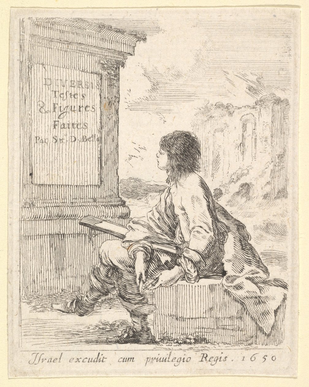 A Young Man Sitting on a Stone, Facing Left in Profile, Holding a Drawing Pad by Stefano della Bella