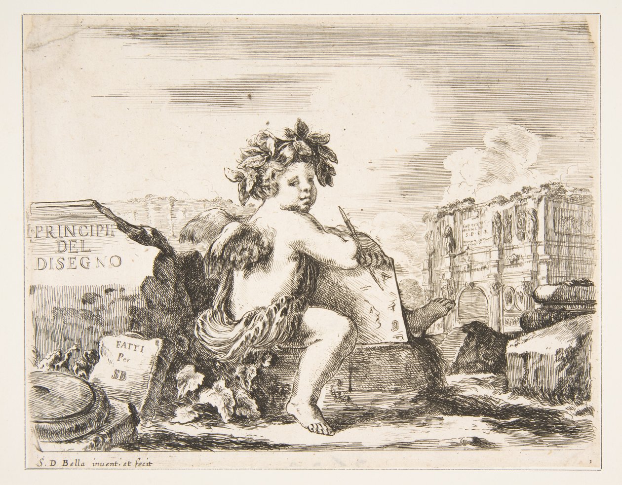 Plate 1: the genius of drawing, a child with wings, seated on a rock in center by Stefano della Bella