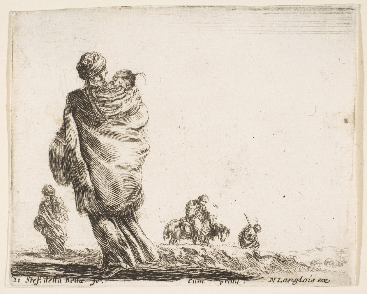 Plate 21: a poor woman to left, seen from behind, enveloping her child in a shawl, ca. 1644-47 by Stefano della Bella