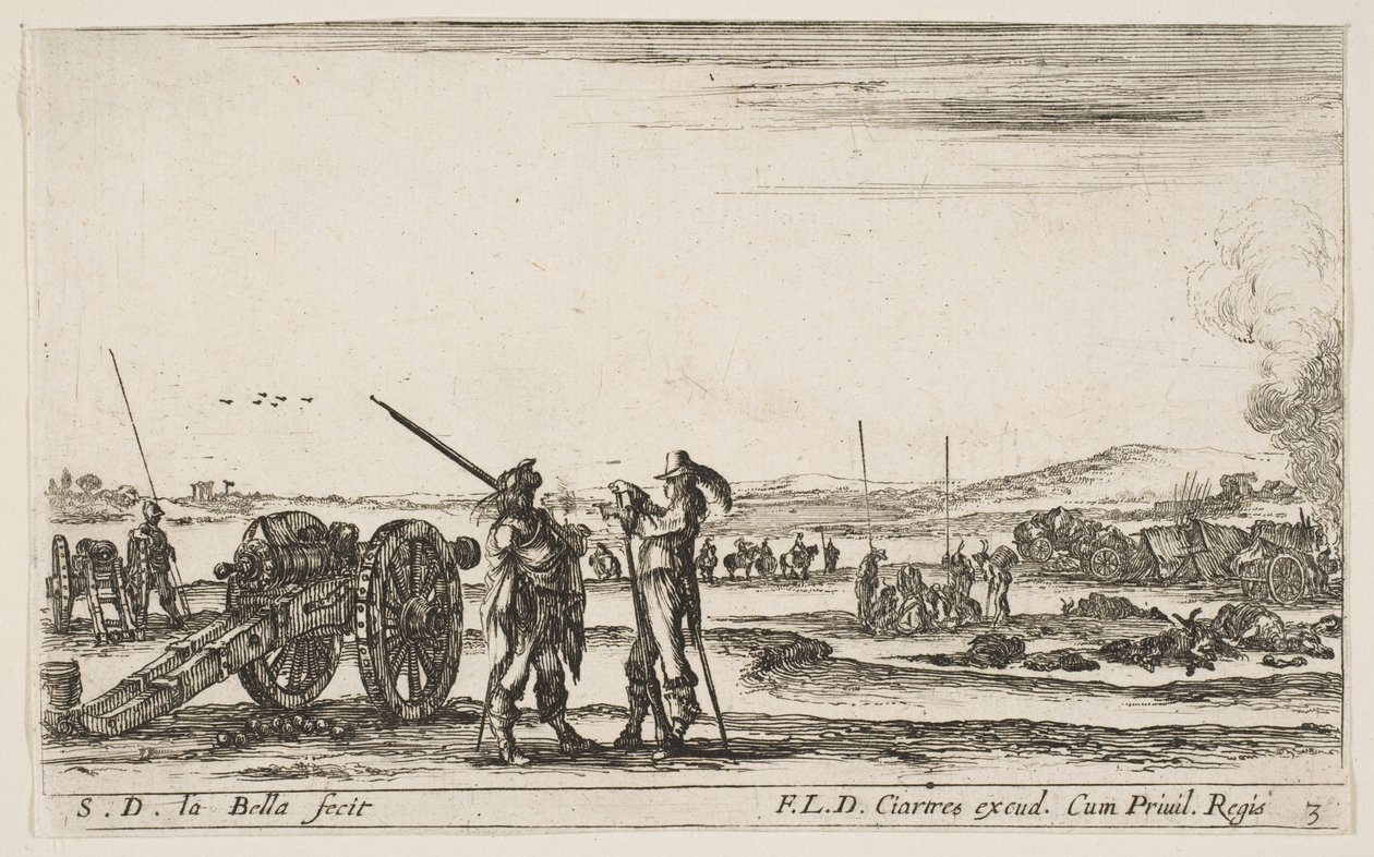 Plate 3: An officer giving orders to a soldier in centre foreground, cannon at left by Stefano della Bella