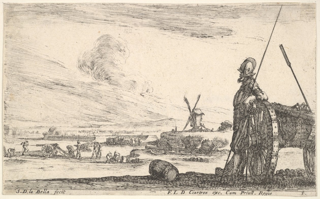 Plate 5: A Pikeman Standing at Right Next to a Cannon, Other Military Figures in the Background by Stefano della Bella
