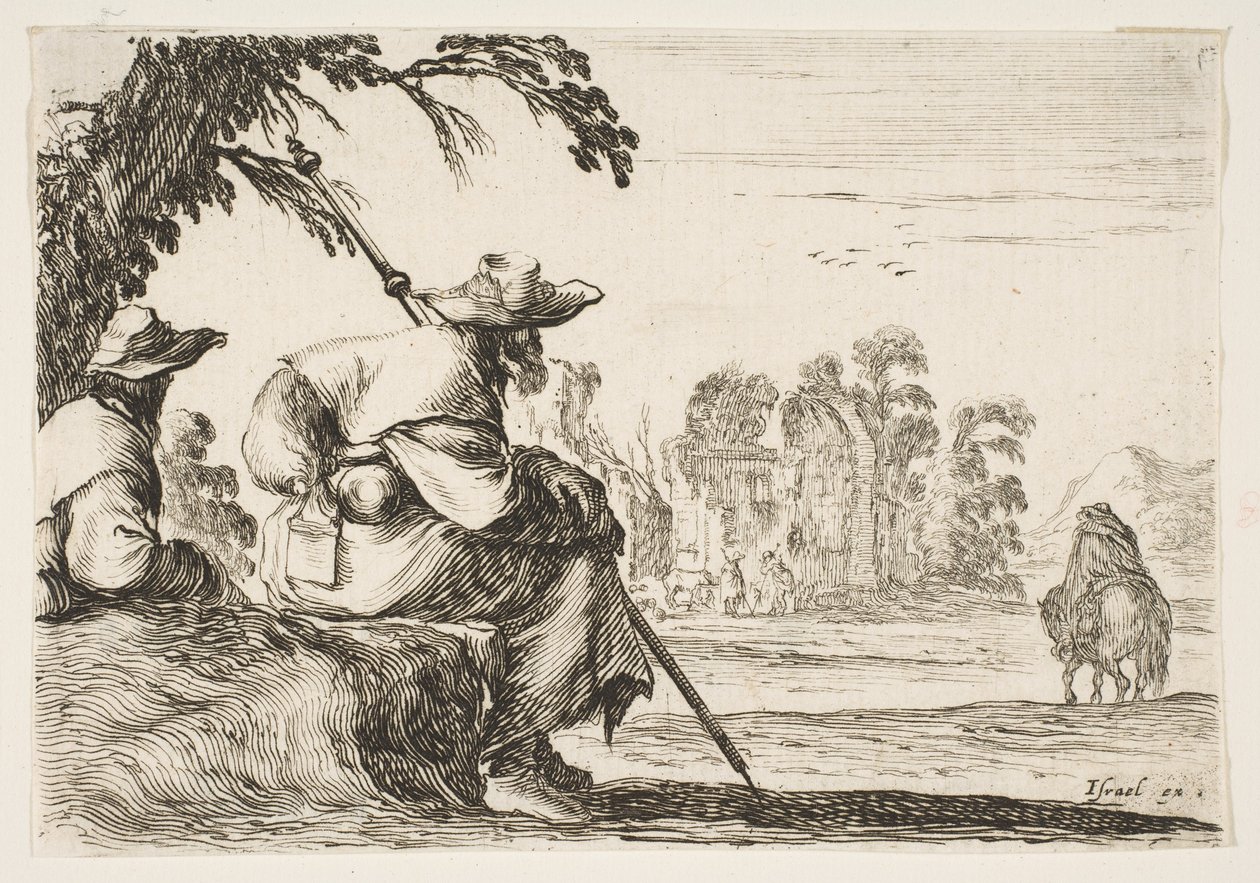 Plate 5: Two Pilgrims with Hats Rest to the Left, Seen from Behind, a Horseman Rides Towards by Stefano della Bella