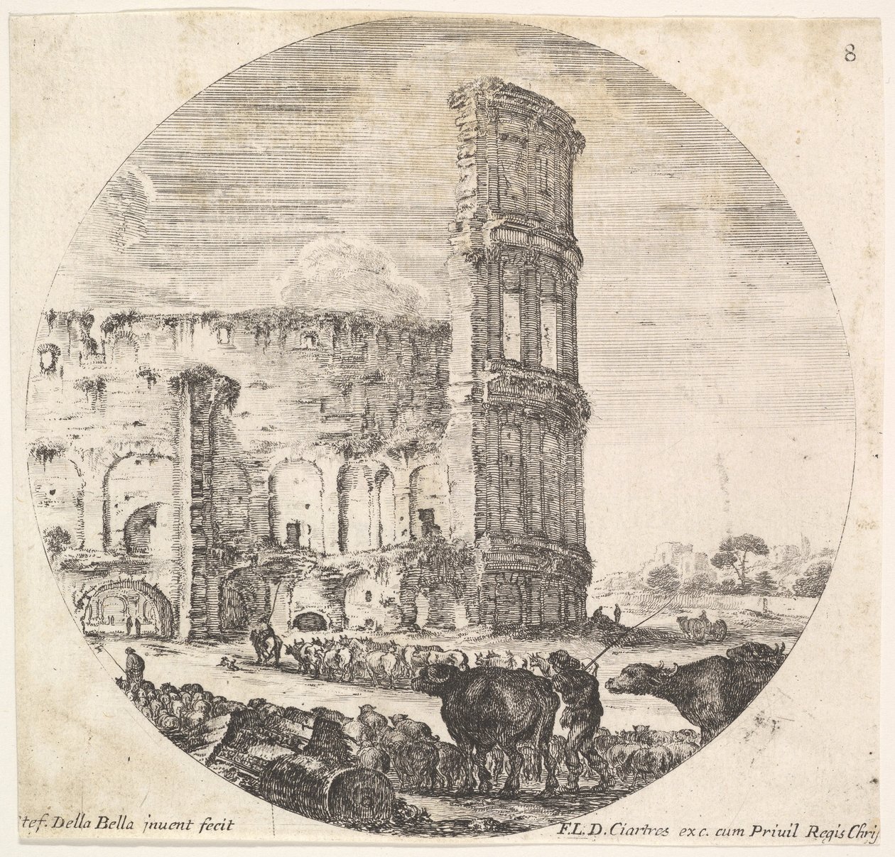 The Colosseum, Two Herds Being Directed Towards the Amphitheater in the Foreground... (detail) by Stefano della Bella