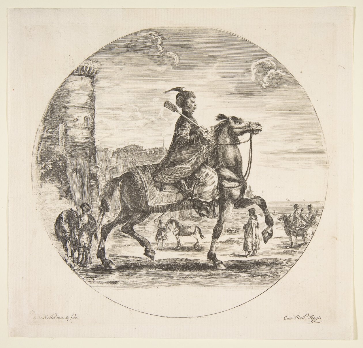 Polish Horseman in Profile Facing Right, a Tower and Other Figures on Horses in Background by Stefano della Bella