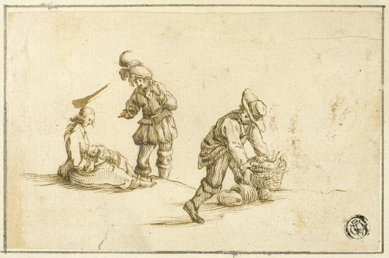 Resting Mother and Child, and Two Men, One Lifting Basket by Stefano della Bella