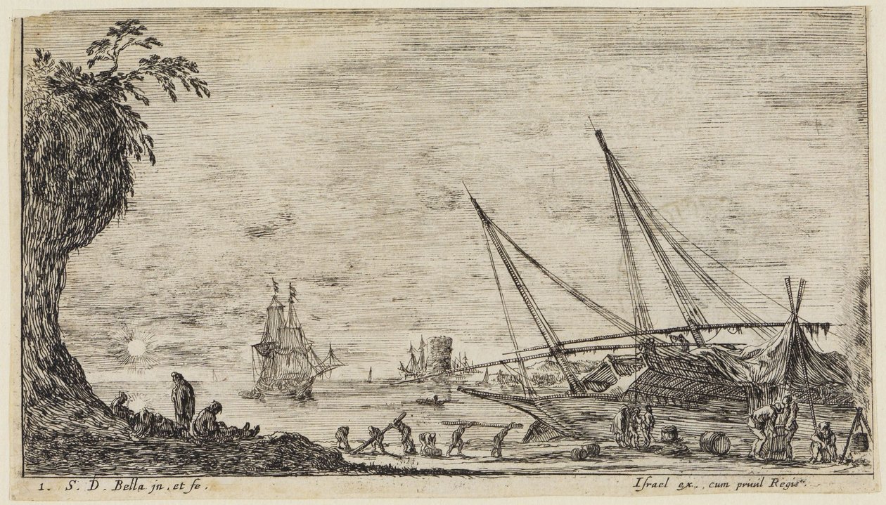 Seascapes: Seaport with Sailors and Workers Transporting Logs by Stefano della Bella
