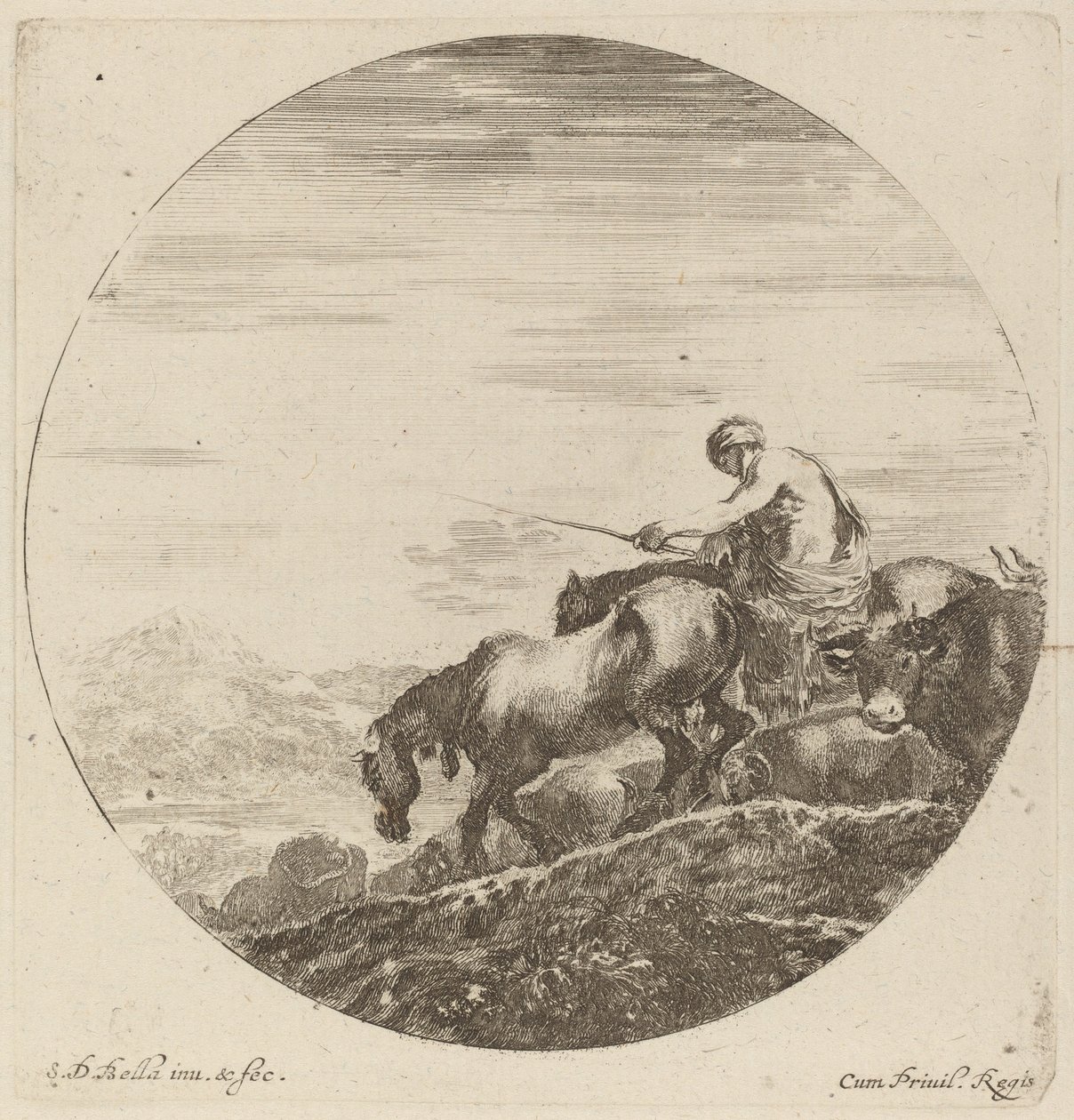 Shepherd on a Horse Driving a Herd of Various Animals by Stefano della Bella