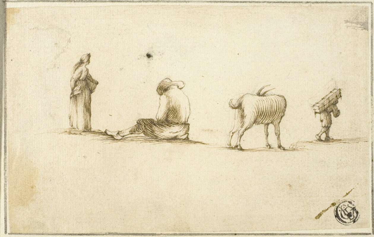 Sketches of Standing Woman, Seated Man, Goat, and Man Carrying Box on Back by Stefano della Bella