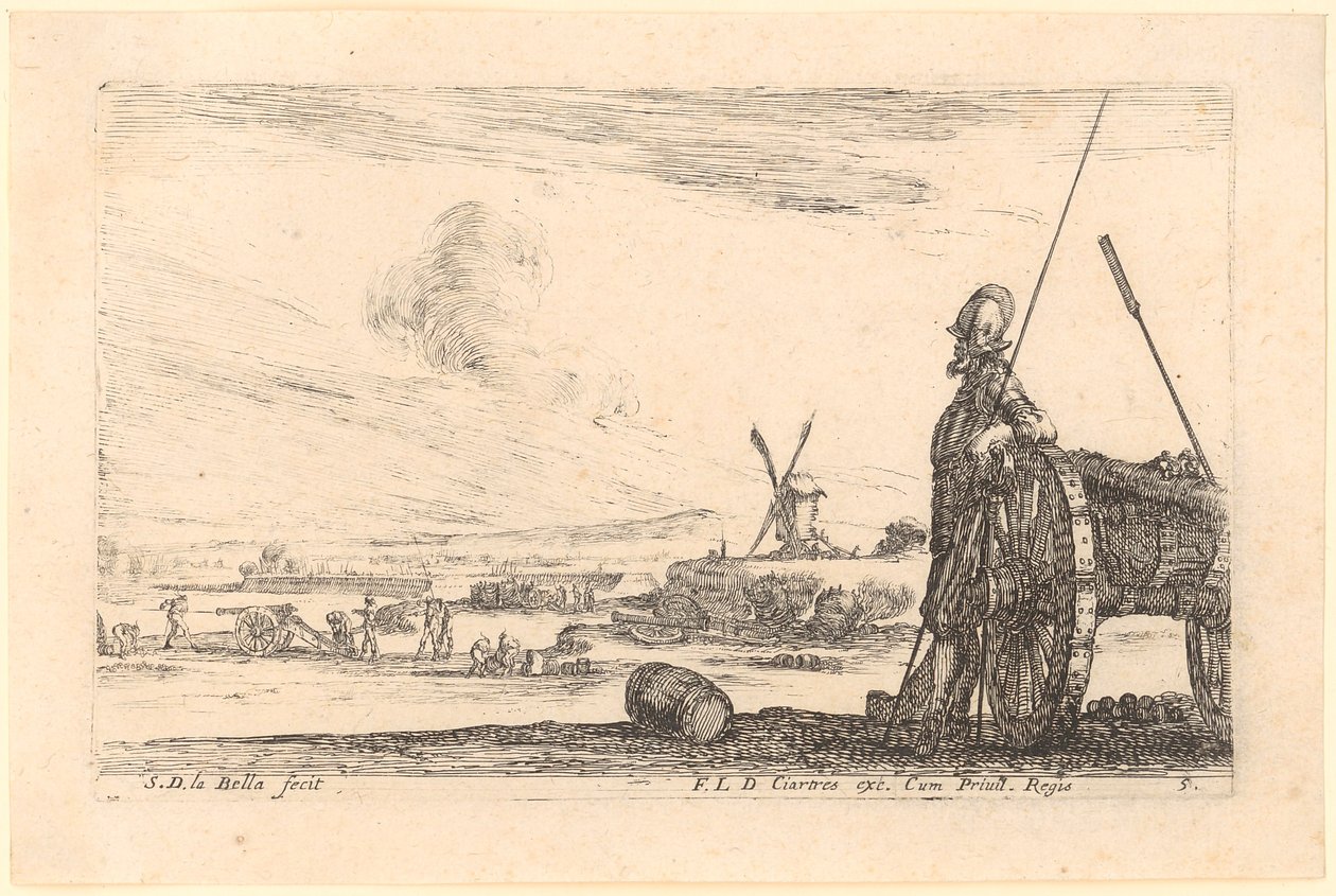 Soldier Leaning on a Gun Carriage, Plate 5 of the Series "Various Military Capriccios" by Stefano della Bella