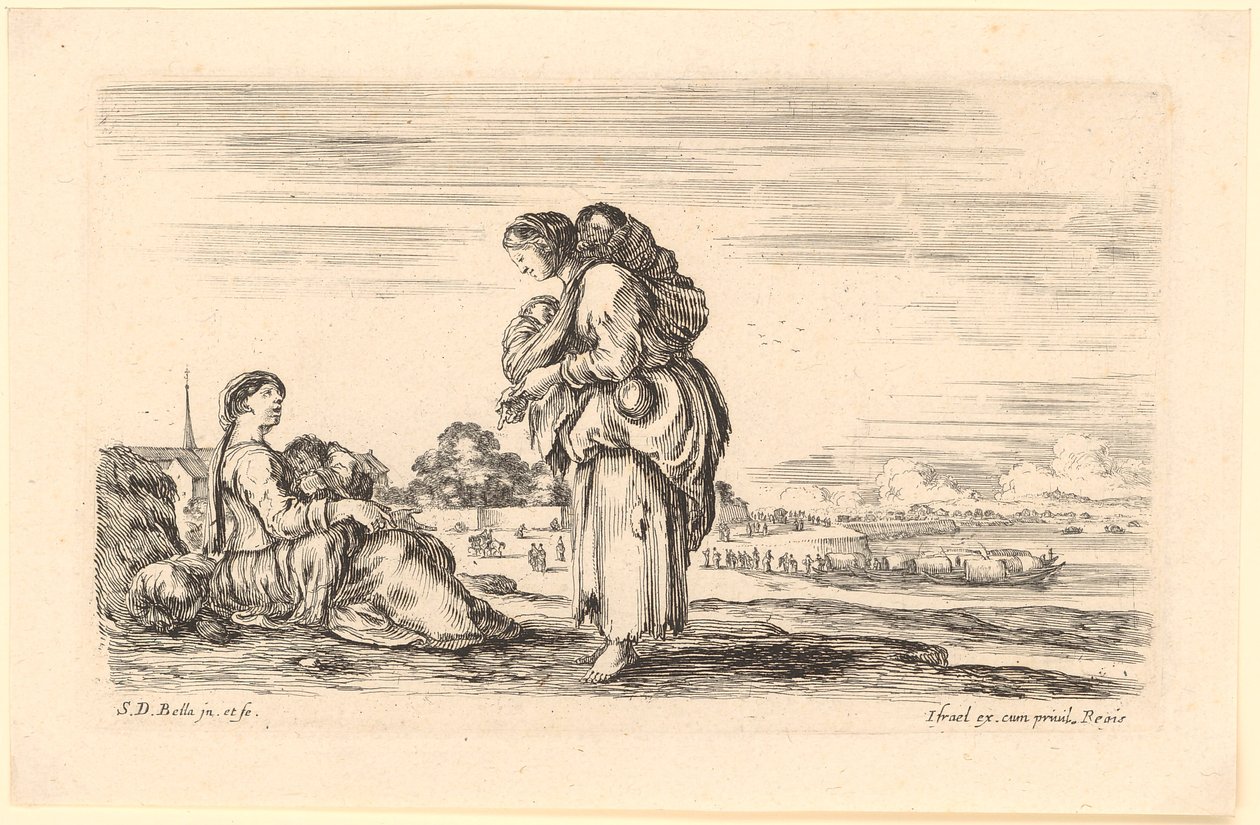 Standing Woman with Two Children in Slings Speaking with a Seated Woman with Child by Stefano della Bella