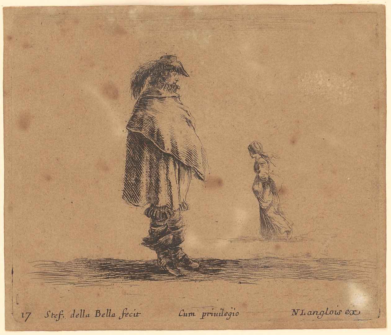 Standing man with hat and feather, wrapped in his cloak, behind him a woman walking to the left by Stefano della Bella