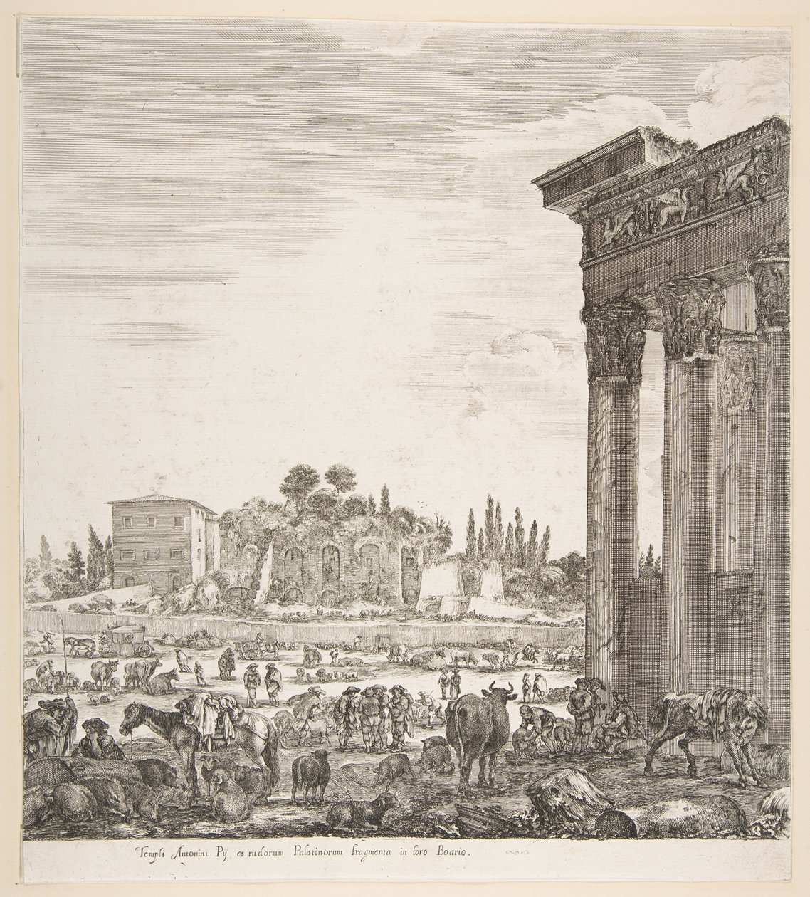 The Columns of the Temple of Antoninus to Right, a Part of the Campo Vaccino in Center by Stefano della Bella
