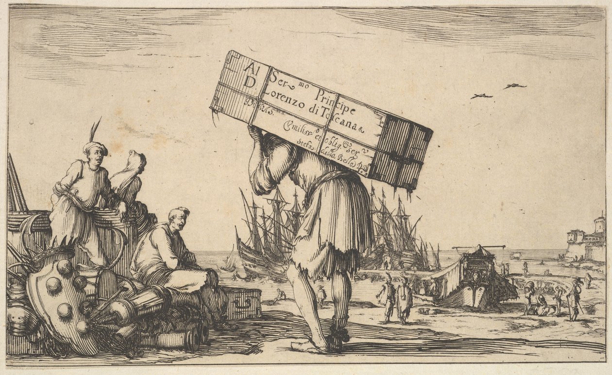 Title Page: A Man Carrying a Case on His Back in Center, Three Men Looking Towards Him by Stefano della Bella