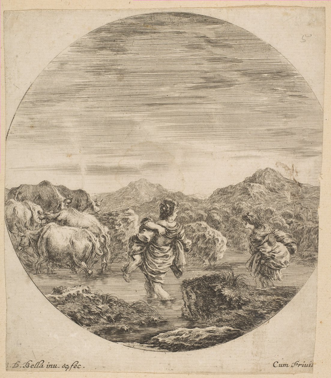 Two Women Crossing a Stream by Stefano della Bella