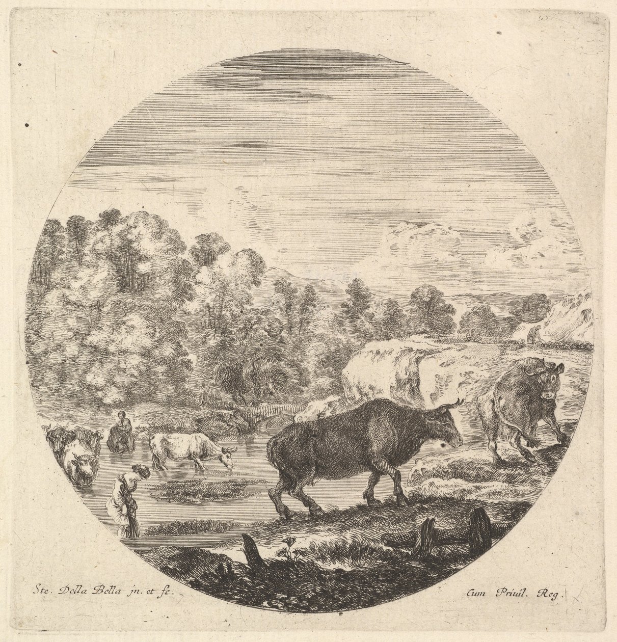 Two Cows in Center, Followed by Two Peasant Women and Other Cows in the River by Stefano della Bella