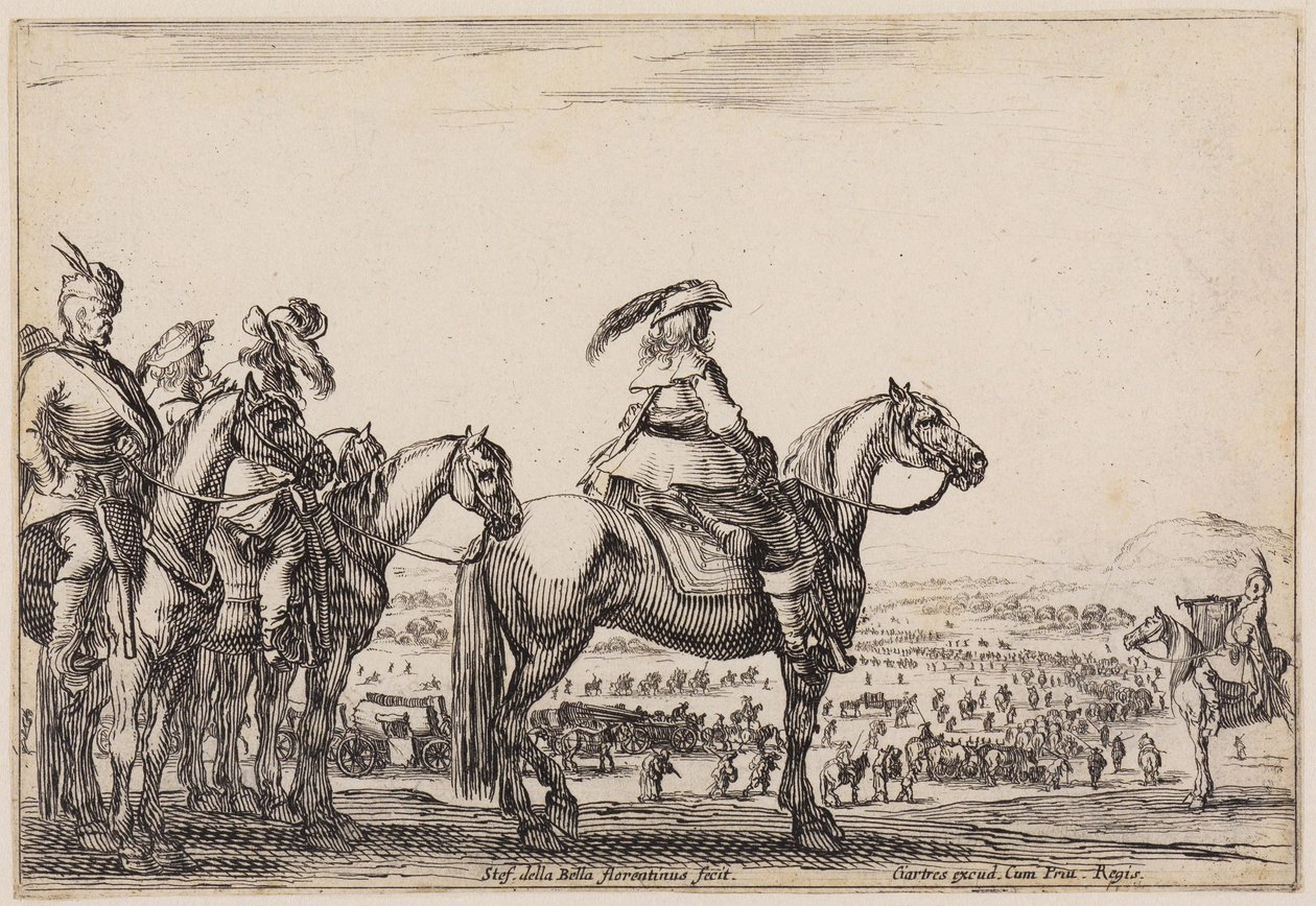 Various Figures: Army Marching on the Plain. In the Foreground on the Hill, Commander and Companion, Right Trumpeter by Stefano della Bella