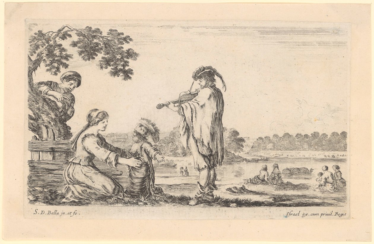 Violinist and Seated Woman with Child by a Body of Water by Stefano della Bella