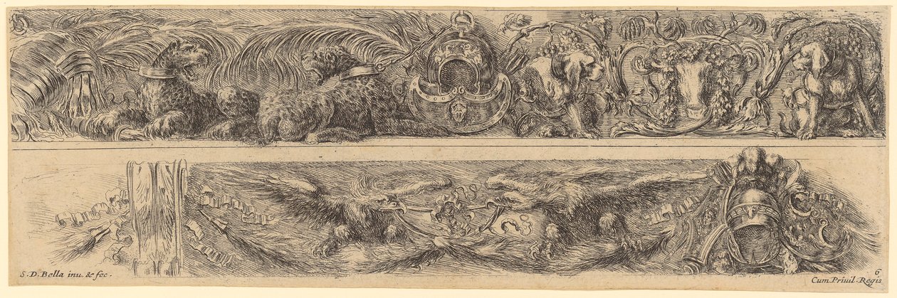 Two Friezes, with Military Trophy in the Middle, Flanked by Leopards on the Left, Dogs and a Deer Head on the Right, Below Two Eagles with a Ribbon in Their Beaks, Right a Military Trophy by Stefano della Bella
