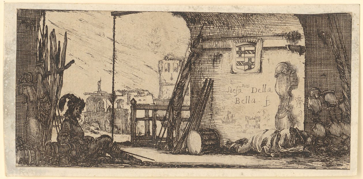 Two Soldiers with Armor and Weapons under an Archway by Stefano della Bella