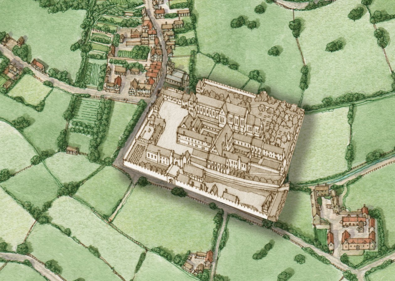 Bermondsey, London, circa 1600 with Inset of Pre-Reformation Abbey, 2021 by Stephen Conlin